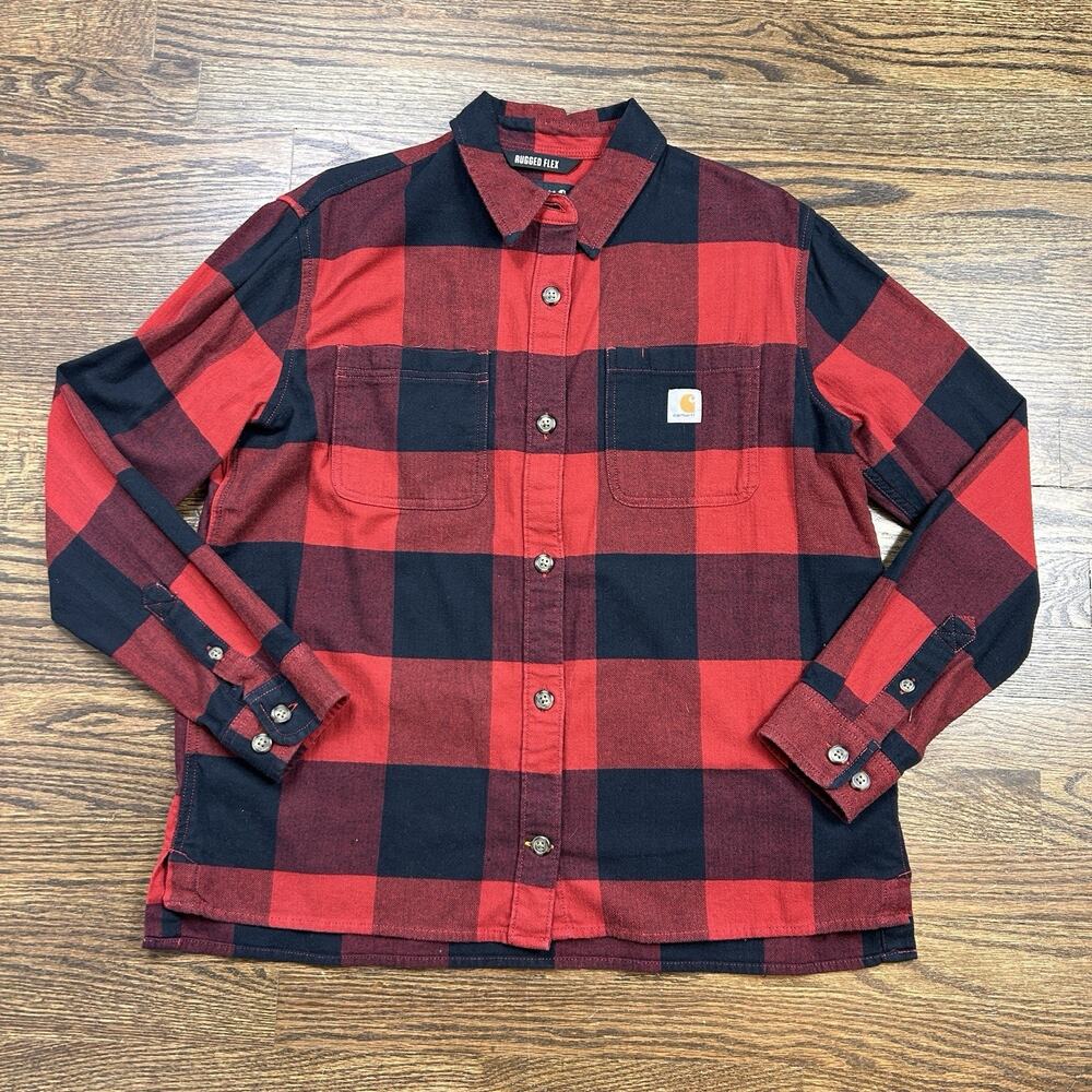 Carhartt Rugged Flex Flannel Shirt Women Med Loose Fit Red Black Buffalo Plaid